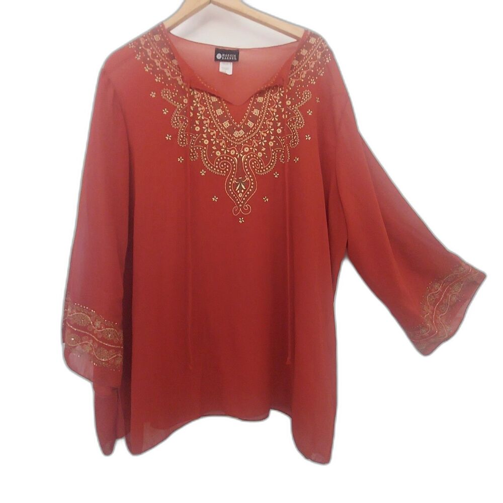 Maggie Barnes Tunic Blouse Kimono Sleeve Size1X Burnt Orange Embroidered